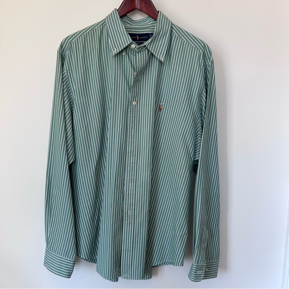 Ralph Lauren Men’s Green and White Vertical Stripe Button-Down Shirt